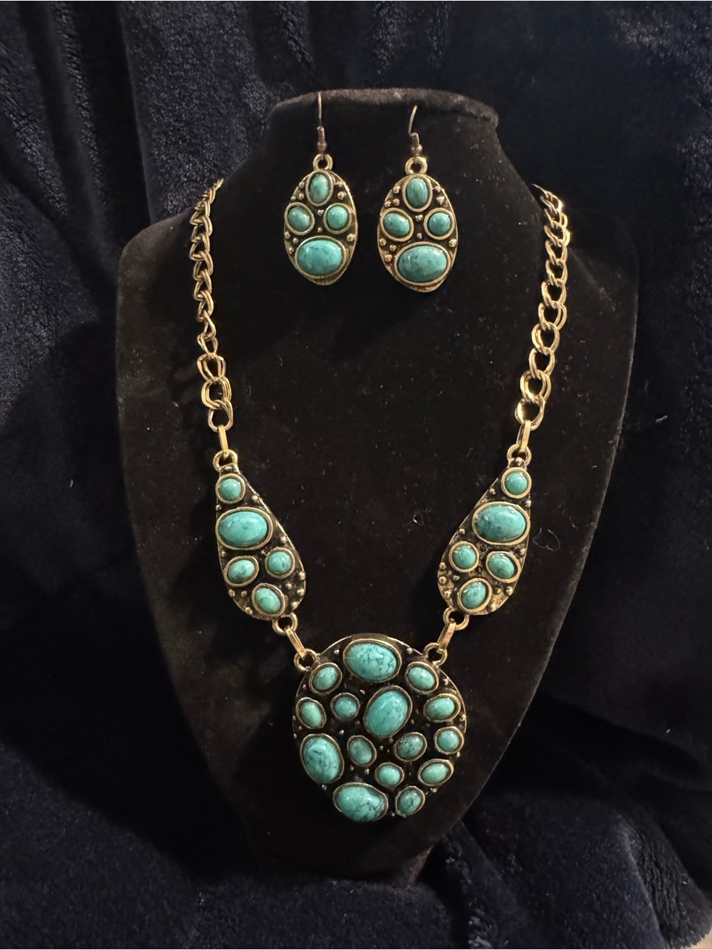 Gold-Tone Necklace and Earring Set with Turquoise Stones - Women Jewelry